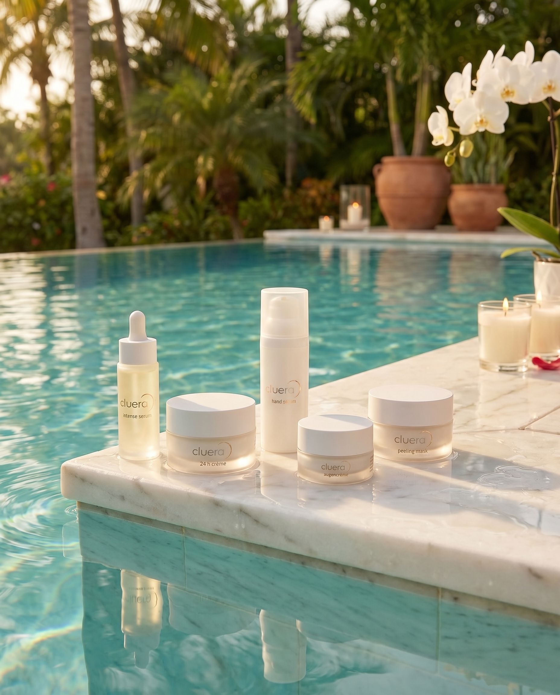 CLUERA® full product lineup on marble by the pool